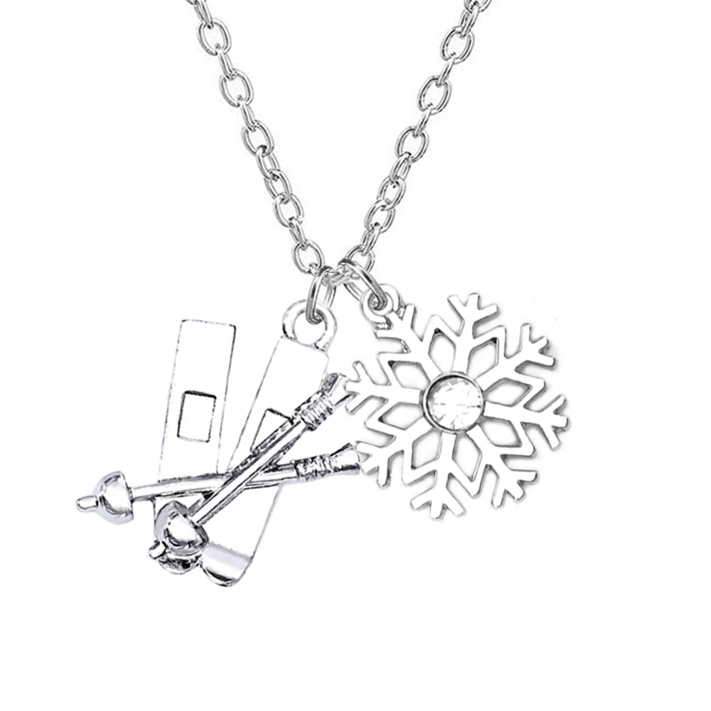 Double Nose Zinc Alloy Skis & Snowboard Sled Snowflake Necklace Sport Ski Jewelry For Skier