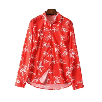 

Women elegant print red blouse long sleeve turn down collar shirt female causal stylish tops blusa