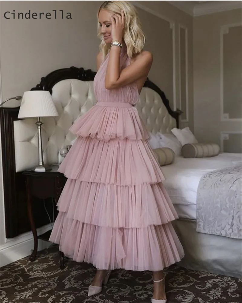 

Cinderella Pink Halter Sleeveless Soft Tulle Ankle Length Prom Dresses A-Line Zipper Back Party Prom Gowns