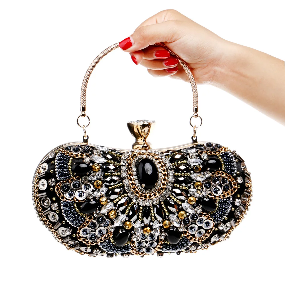 Luxury crystal clutch evening bag Black beading party purse women