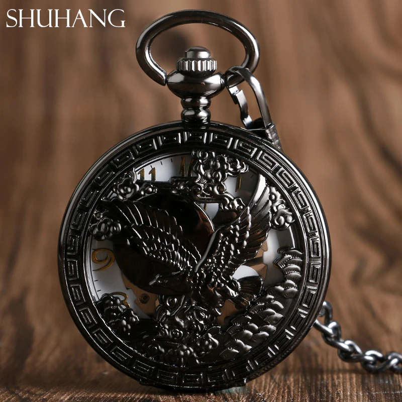 SHUHANG Awesome Hawk Eagle Роскошные часы с скелетом ручные черные механические карманные