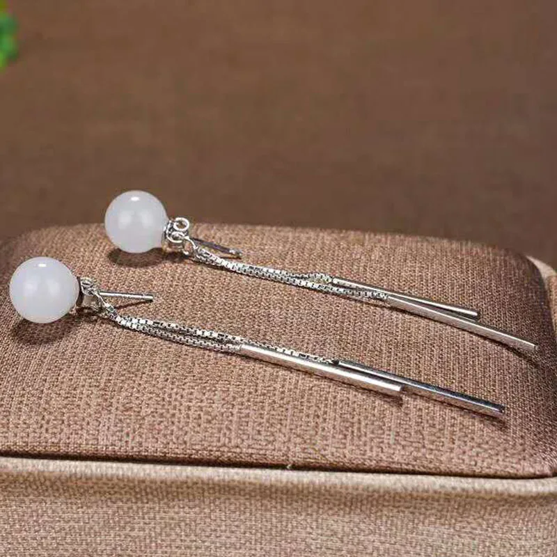 

Real 925 Sterling Silver Drop Earrings Ear Pin Natural Round Jade Handmade Fine Jewelry For Women Wedding Earrings