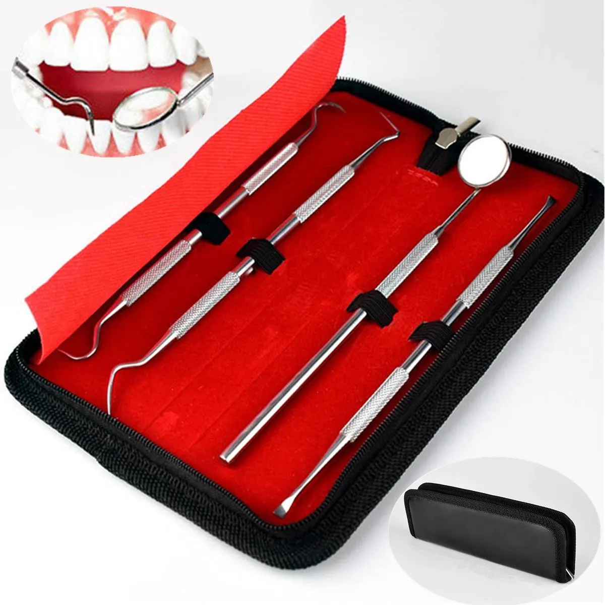 

4Pcs Dental Teeth Whitening Clean Tool Set Teeth Cleaning Tartar Remover Stainless Steel Scraper With Mirror Oral Hygiene Kit