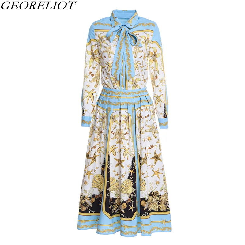 GEORELIOT Runway Designer Two Piece Suit Set Womens Long Sleeve Bow Collar Vintage Printed Blouse And Retro Midi Skirt Sets Women's Sets