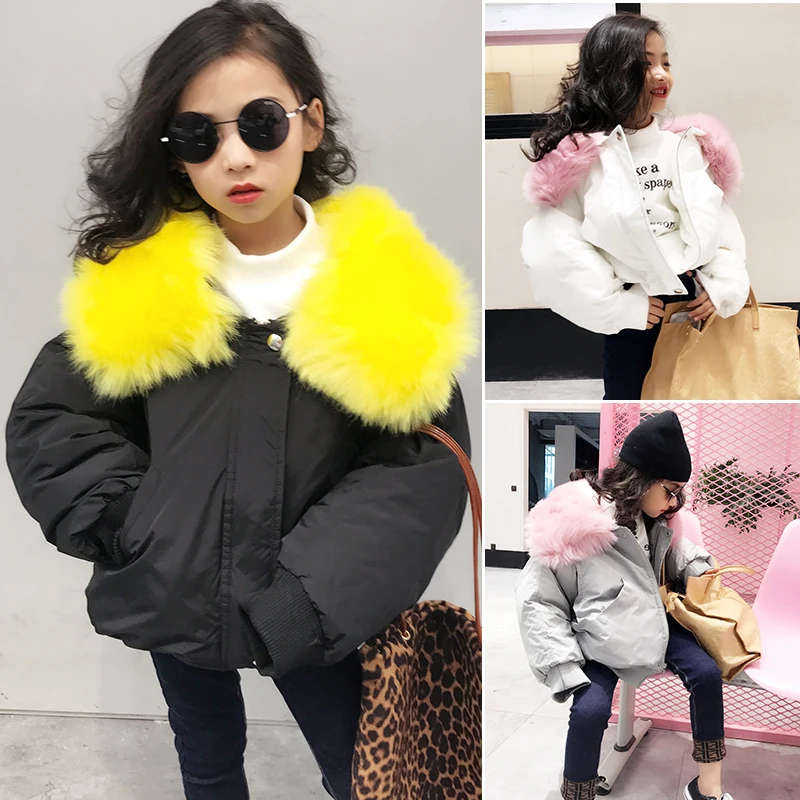 

Girls cotton clothes 2018 winter new girls Korean version of the cotton coat large fur collar loose short loose coat