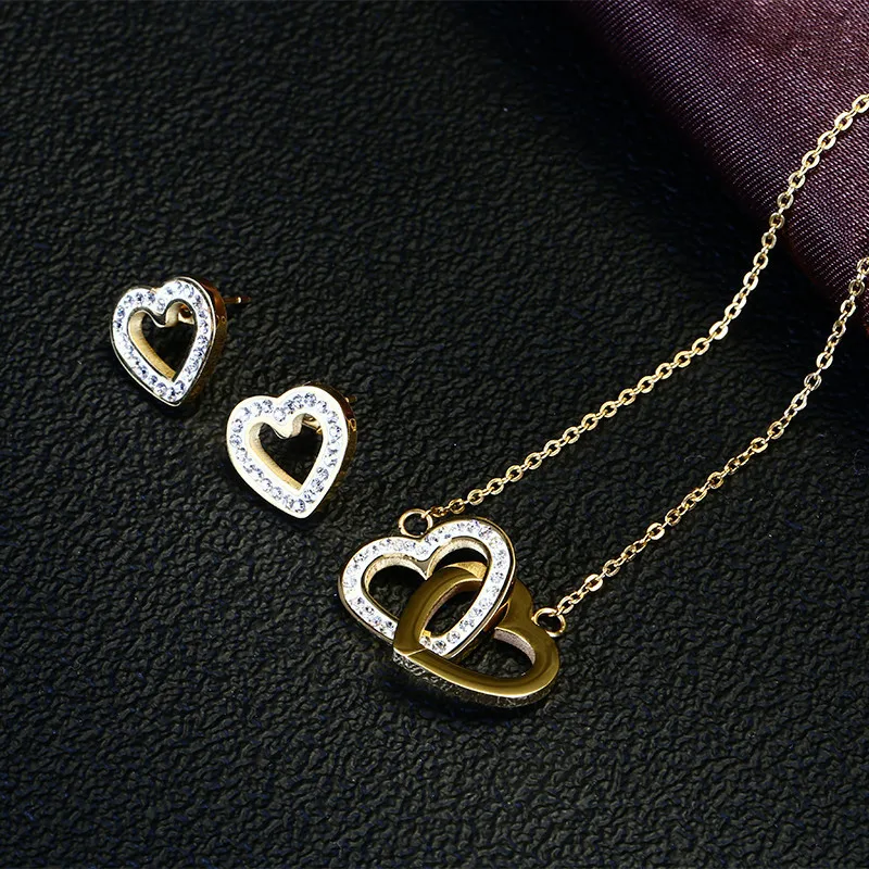 RIR цепочка с двойным сердцем из нержавеющей стали, заполненная цепочкой, два двойных переплетенных близнецов, сердца, ювелирный набор, подарок для подруги - Окраска металла: Gold