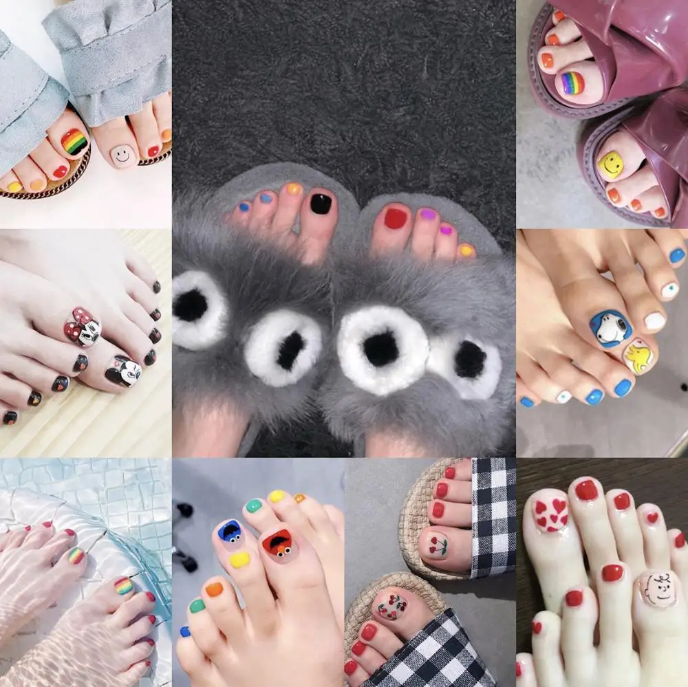 

10 sets/pack ! New fashion nail stickers for toe Cute cartoon pattern false nails for toe 22pcs/set lady nail oil film