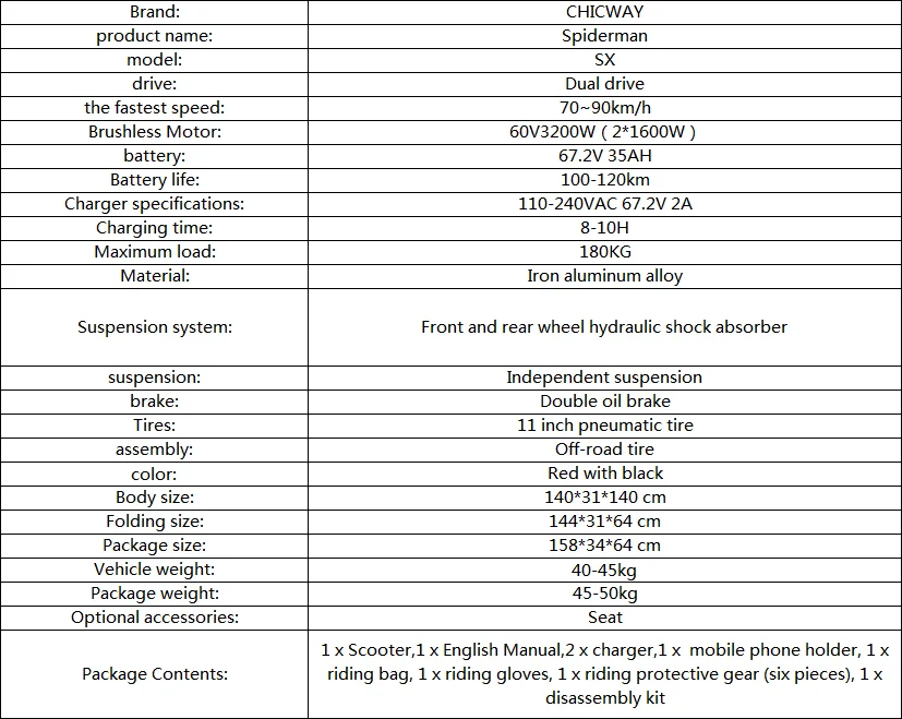 Внедорожный электрический скутер CHICWAY Spiderman 11 дюймов 3200 Вт 60V35AH скорость 100 км/ч+ двойной привод масляный тормоз для взрослых