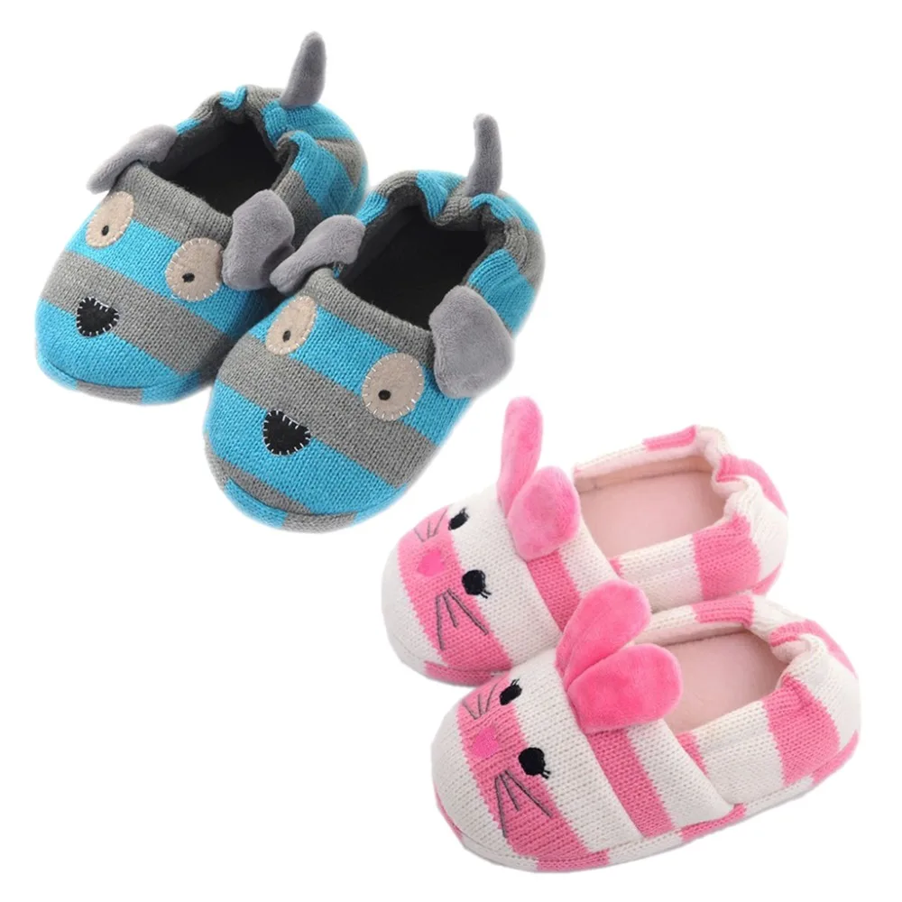 

Winter Cute Cartoon Rabbit Knitted Striped Slippers Candy Color Non-Slip Plush Lining Warm Home Indoor Floor Flat Shoes
