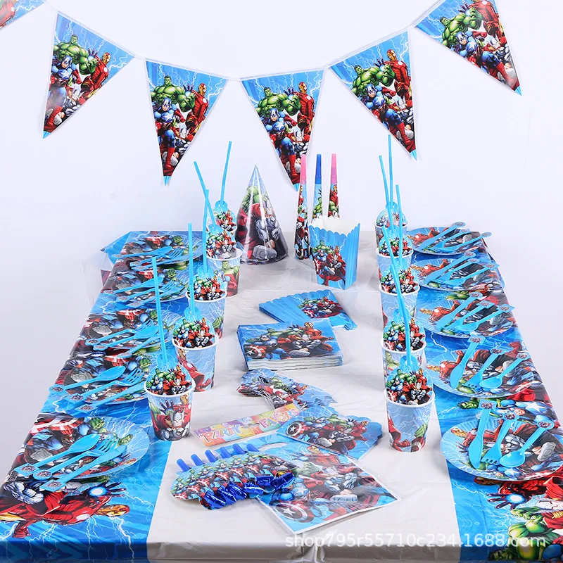 

The Avengers Disposable Tableware Sets Cups Table Cover Candle Plate Sticker For 10 Kids Cute Birthday Party Supplies Decoration
