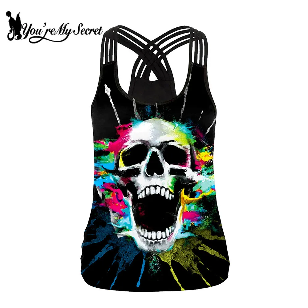 

[You're My Secret] Fashion 3D Printing Multicolor Skull Tops For Women Sexy Backless Sling Top Summer Gothic Round Neck Tops
