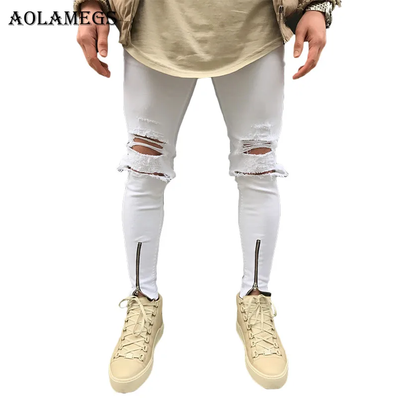 Aolamegs Biker Jeans Men White Hole Side Zipper Denim