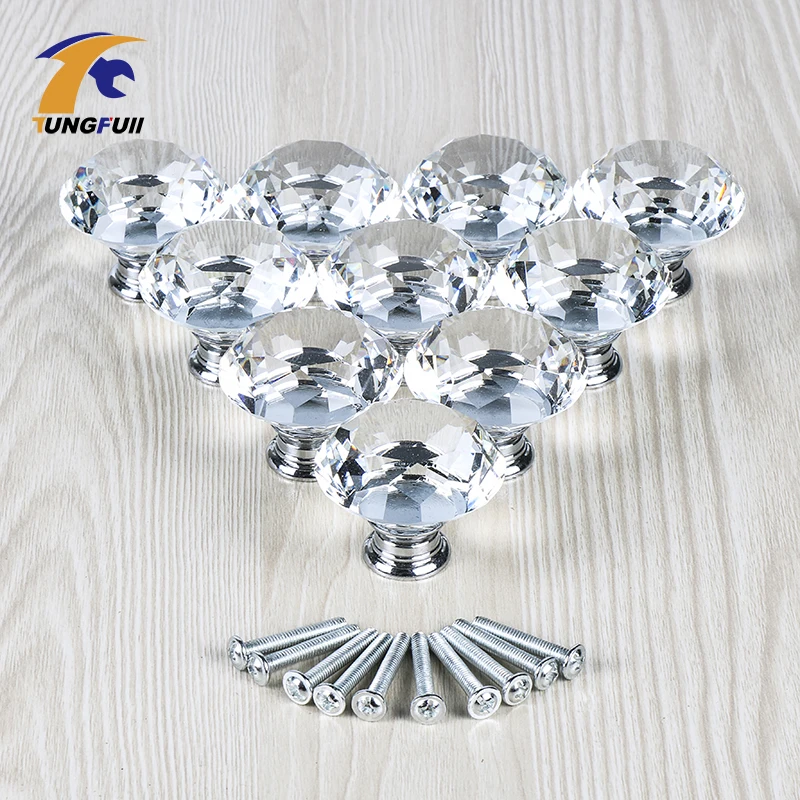 10PCS 40MM Clear Crystal Glass Diamond Cut Door Knobs Kitchen Cabinet Drawer knobs+Screw Home Decorating