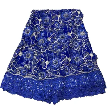 

French lace fabrics Blue tulle lace embroidery fabric with beads/stones Latest style african lace 5yards H477-1