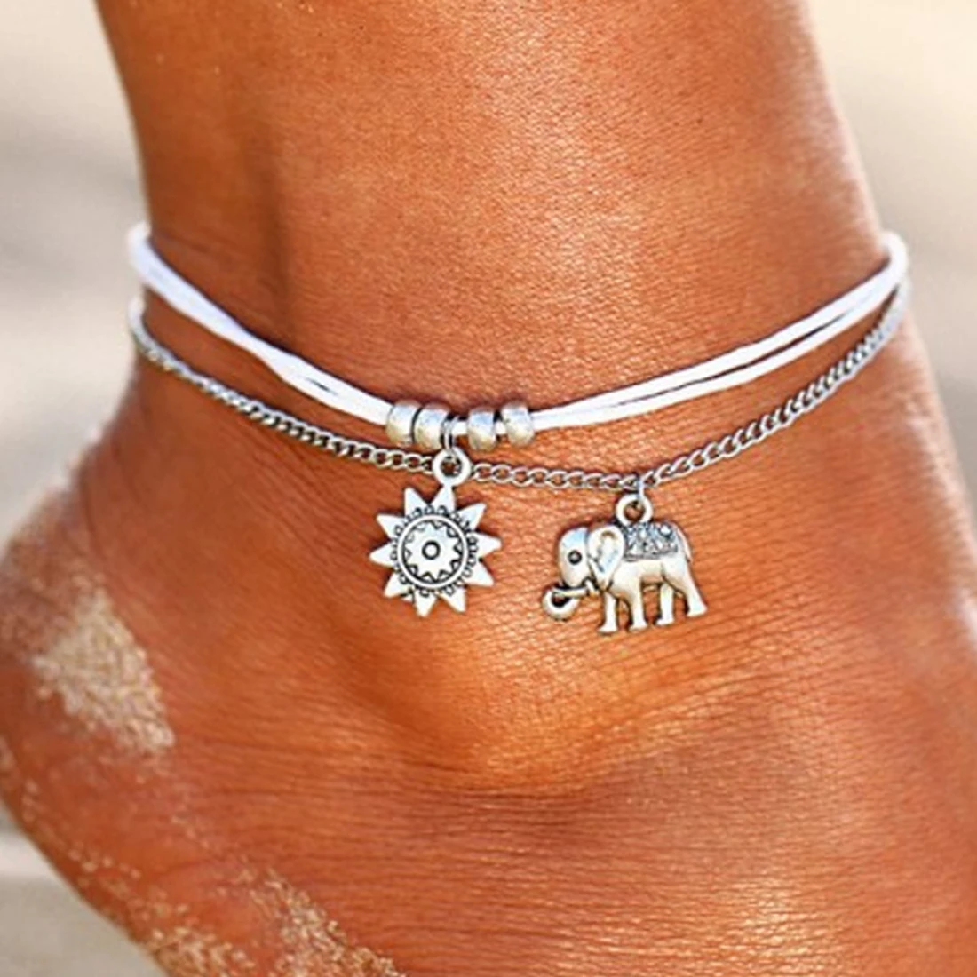 

New Casual Wild Lady Temperament Anklet Cute Sun Metal Pendant Multi-layer Anklet Fashion Retro Three-Layer Elephant Anklet