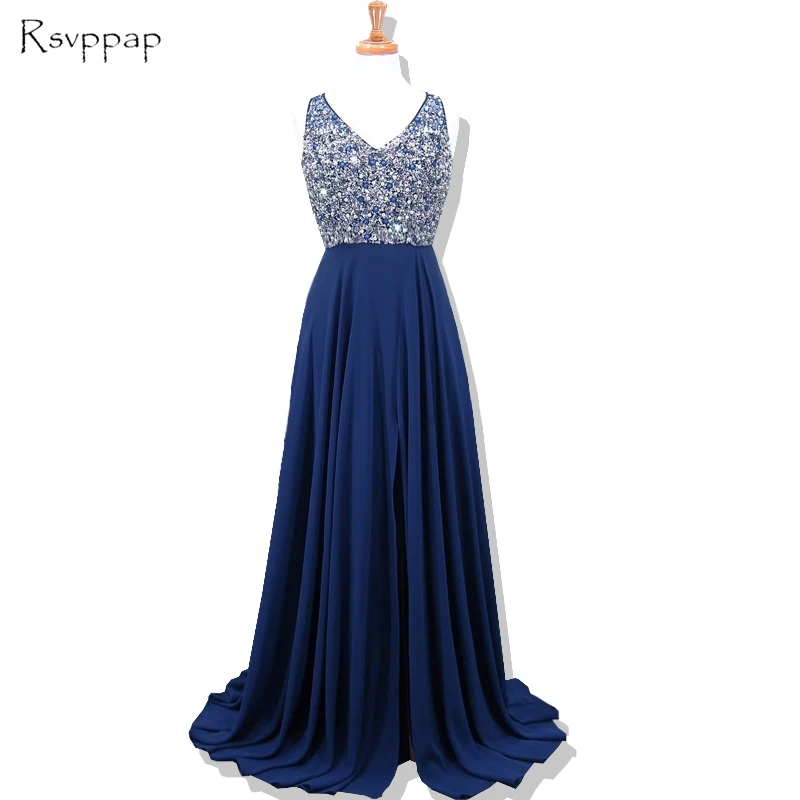 

Long Evening Dress 2019 New Arrival Women Formal Gowns Heavy Beaded Backless African Navy Blue Evening Dresses robe de soiree