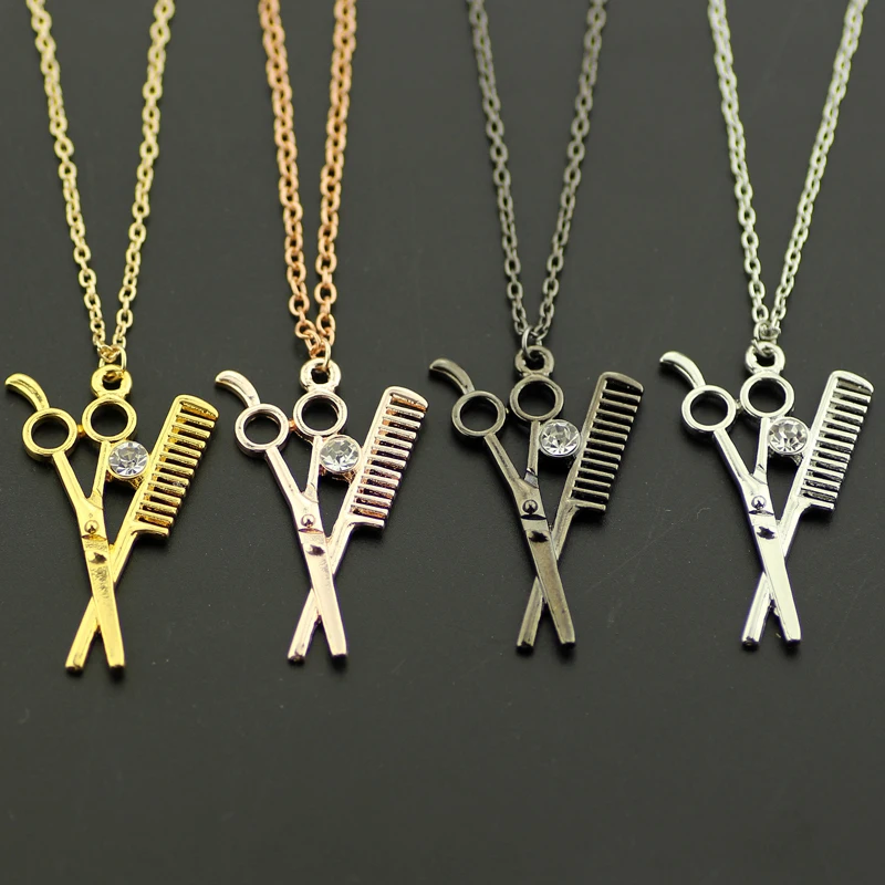 

HIP Hop Comb Rose Gold & Silver Plated Scissor & Comb Crystal Pendants Necklace Cute Gift For Hairdresser Women Man Jewelry