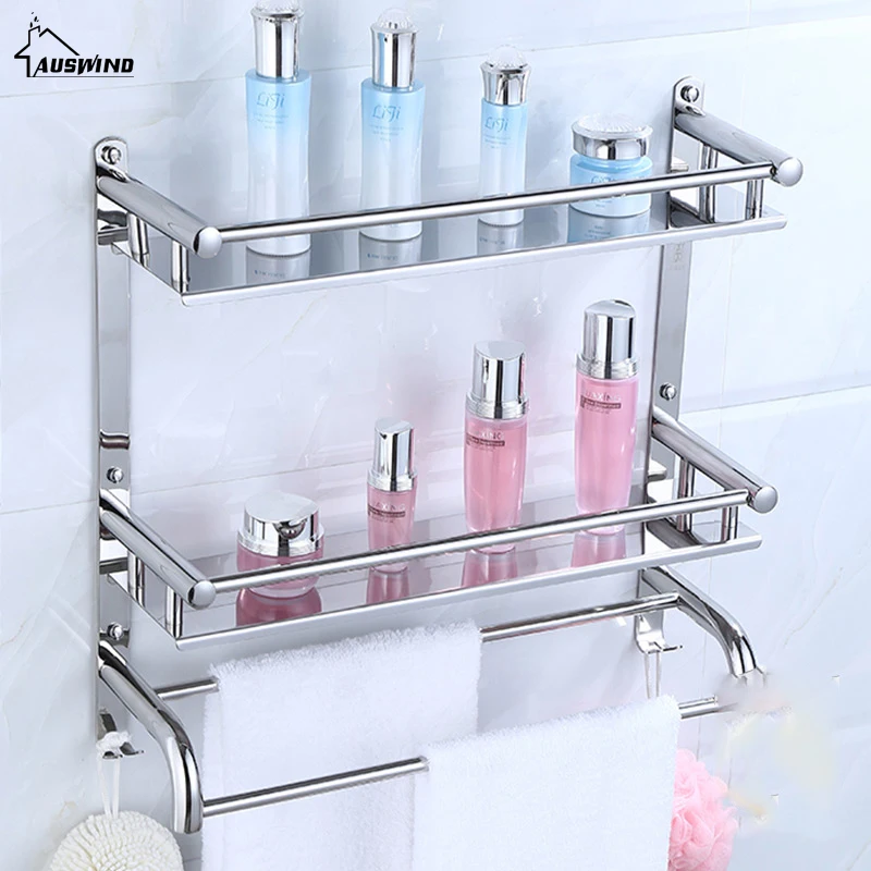 

AUSWIND Wall Mount Silver 304 Stainless Steel 2 Layers Storage Basket Shower Room Bathroom Towel Rack Bathroom Shelves Sj6