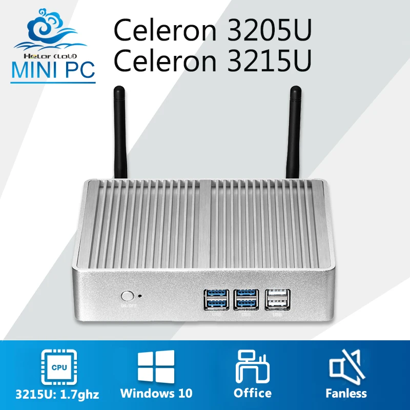 Безвентиляторный мини-компьютер Intel Celeron 3205U Mini PC Windows 10 офисный компьютер Barebone Настольный компьютер HDMI HTPC WI-FI USB ТВ коробка