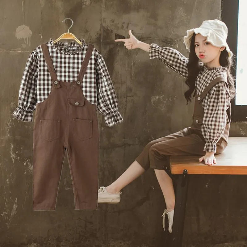 

DFXD Teenager Girl Clothing Sets Spring Casual Long Sleeve Plaid Wood Ear Collar Shirt+Overall Pant 2pc Children's Sets 3-14Yrs