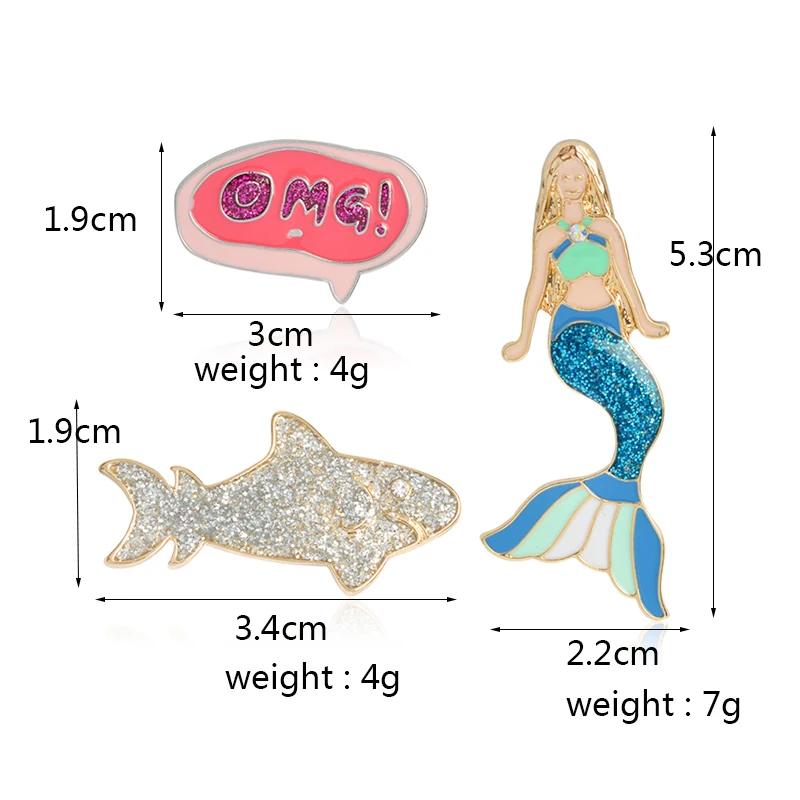 3 шт./компл. Русалка Акула OMG! Брошь набор шпильки блестящие брошь с животными куртка рюкзак свитер пальто нагрудные булавки значок для женщин Девушка ювелирные изделия