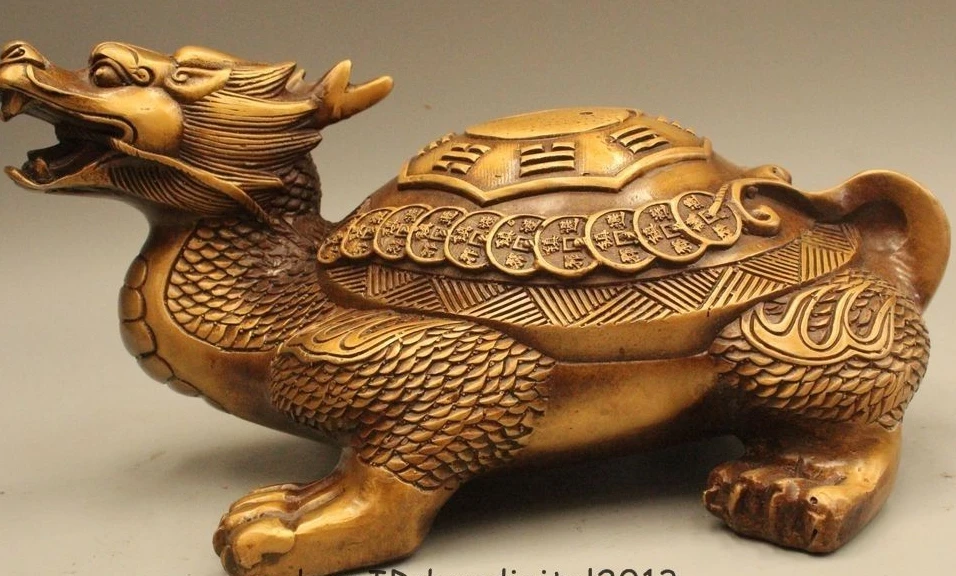 

9" Chinese Folk Feng Shui Bronze Wealth Longevity Dragon Tortoise Turtle Statue