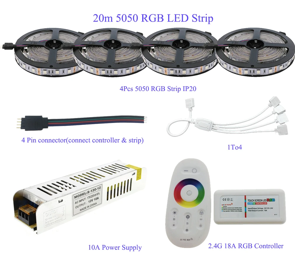 

5M/10M/15M/20M 5050 RGB LED Strip Set IP20/IP65 Waterproof With 2.4G Touch Screen RF Remote Controller+12V Power Supply Adapter