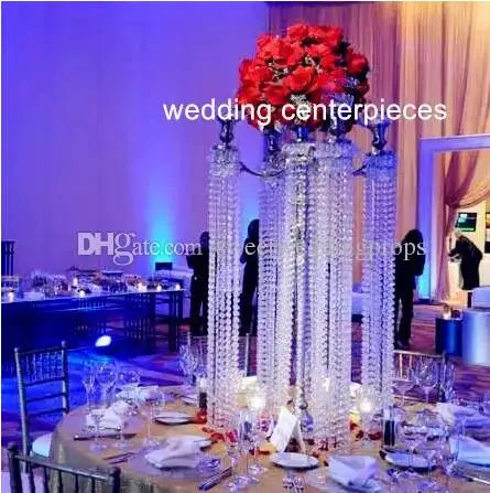 5 arm Candle Crystal Candelabra Wedding Centerpiece -27 Inches tall with Hanging Prisms | Дом и сад