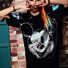 Свободные женские пуловеры с круглым вырезом и блестками; топы; сезон весна-лето; футболки с рисунком; большие размеры; женские футболки; QW02