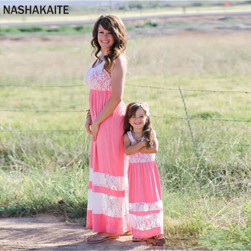 

NASHAKAITE Mom and Daughter Dress Casual Sleeveless Patchworlk Lace Ankel-Length Dress Family Look Mother and Daughter clothes