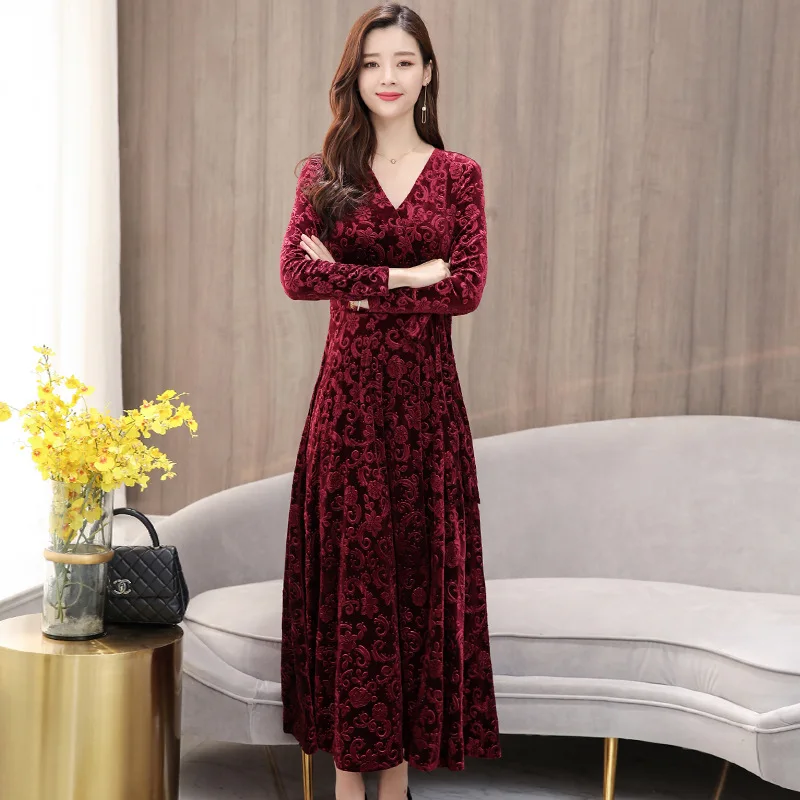 

Новые женские осень-зима платья с длинным рукавом размера плюс, милые длинные платья Элегантный Золотой Бархат винтажные женские платья