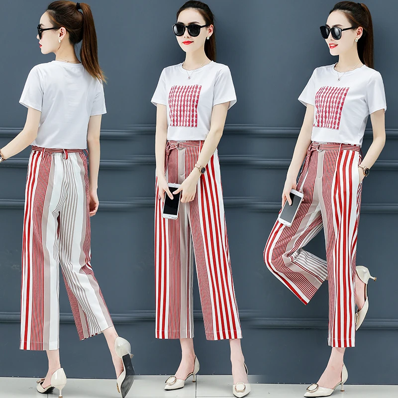 

2019 Summer Two Piece Outfits Striped Tracksuits for Women Wide Loose Pants Suits and Top Sportswear Co-ord Set Elegant Clothing