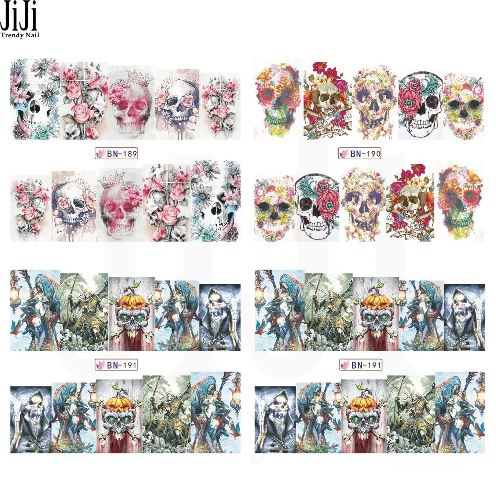 1pcs halloween skull watermark stickers nail art water transfer decal diy full tip sexy girl decoration bn189 192