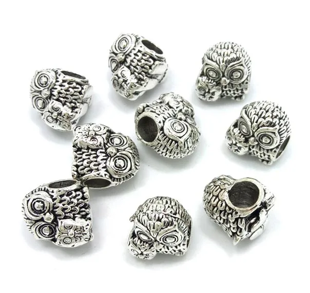 

Free shipping 2017 new 50pcs 11mm big hole owl shape antique silver beads fit European bracelet DIY