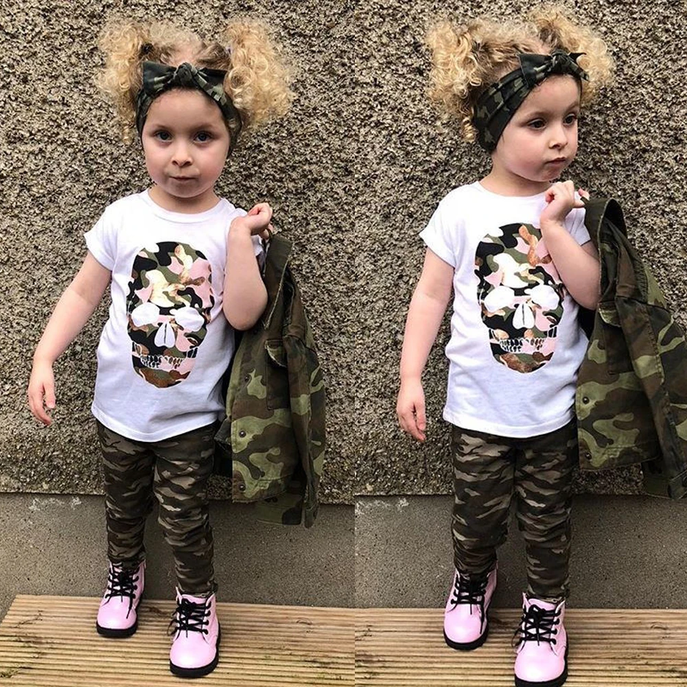 

Newborn Baby Girl Cool 2019 Newest Fashion Camouflage Clothes Cotton White Short Sleeve Tops Casual Long Pants 2PCS Outfits Set