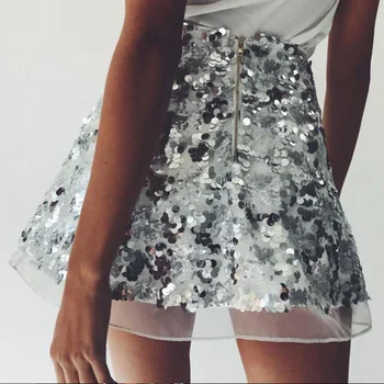 

Silver Sequined Mesh Zipper High Waist A-Line Mini Short Fashion Sexy Skirt Nightclub Party Dance Wear 2019 Summer Skirts Womens