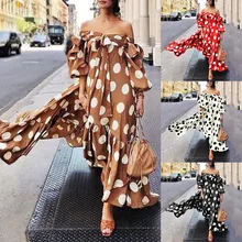 Женские летние платья, модное платье в горошек с принтом, открытые плечи, кружева, оборки, бант, свободные, повседневные, большие, летние платья, мягкие