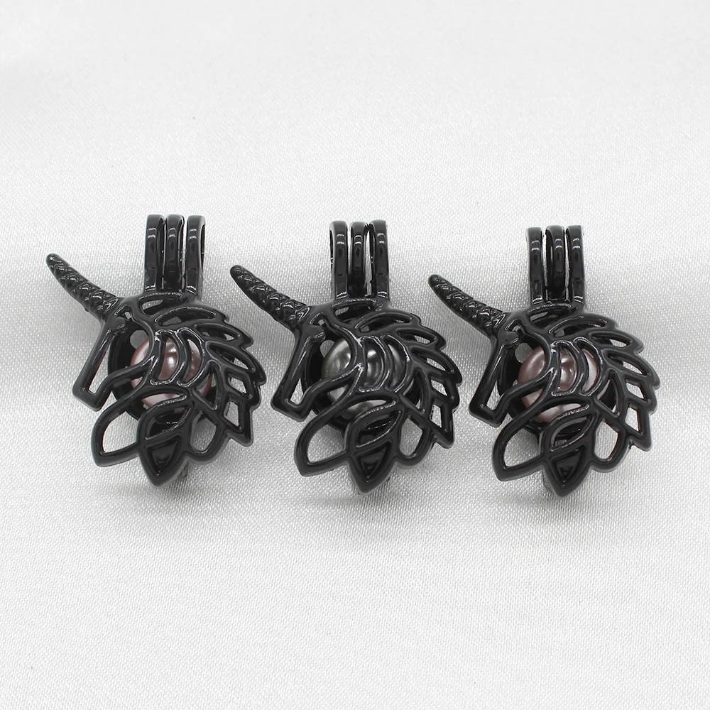 

10pcs Black Horse Unicorn Pearl Cage Pendant Jewelry Making Essential Oil Diffuser Lockets for Personalized Perfume Necklace