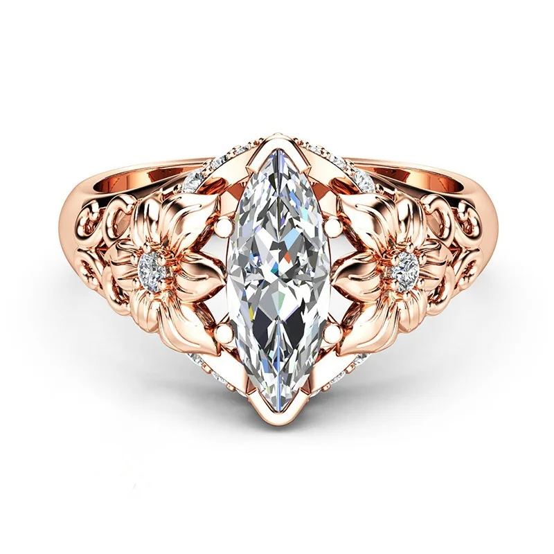 

Euramerican Elegant Fashion Women's Ring Plated Rose Gold Color Unique White Zircon Flower Engagement Ring Jewelry anillos