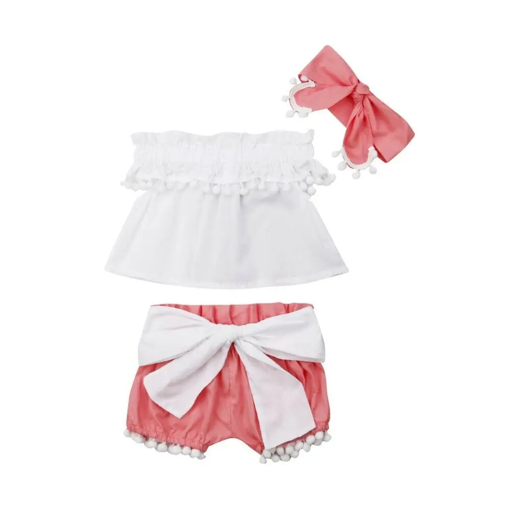 

3PCS Newborn Baby Girl Clothes Sets 0-24M Tassel White Off Shoulder Vest Tops+Pink Shorts+Headband
