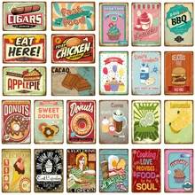 Фаст-фуд есть здесь плакат сладкие пончики какао кексы яблочный пирог лимонад винтажные металлические знаки бар комната дома искусство печать Настенный декор