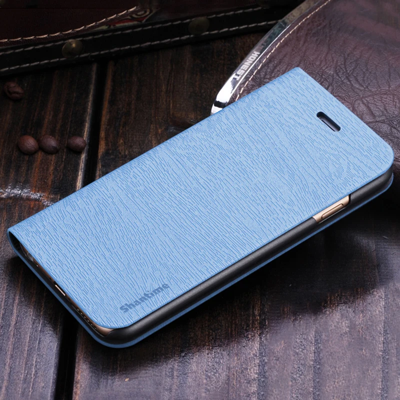 Wood grain PU Leather Phone Case For Vernee M5 Flip Book Case For Vernee M5 Business Wallet Case PC Shell Back Cover - Цвет: Light blue