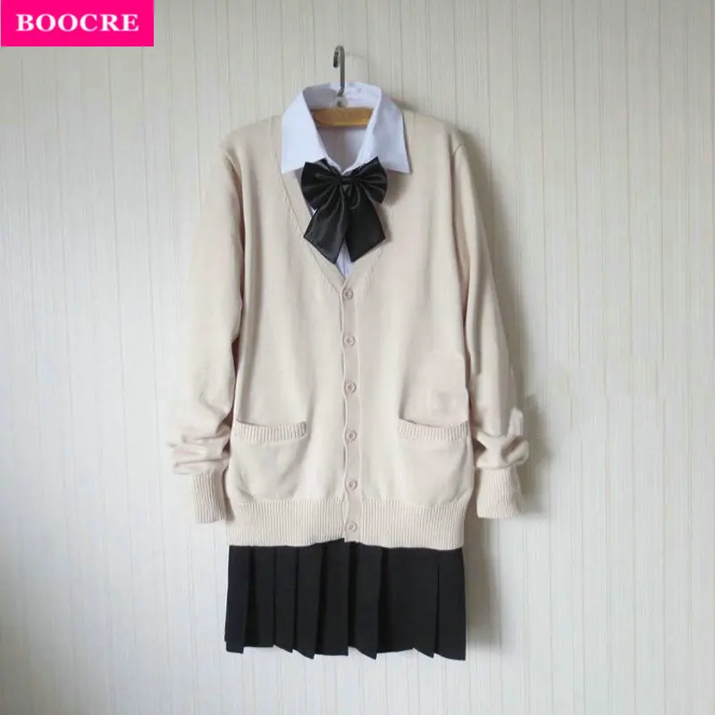 

BOOCRE Japanese Women JK Student Sweater Cardigan School Uniform Skirt Bow Set Women School Uniform Full Outfit