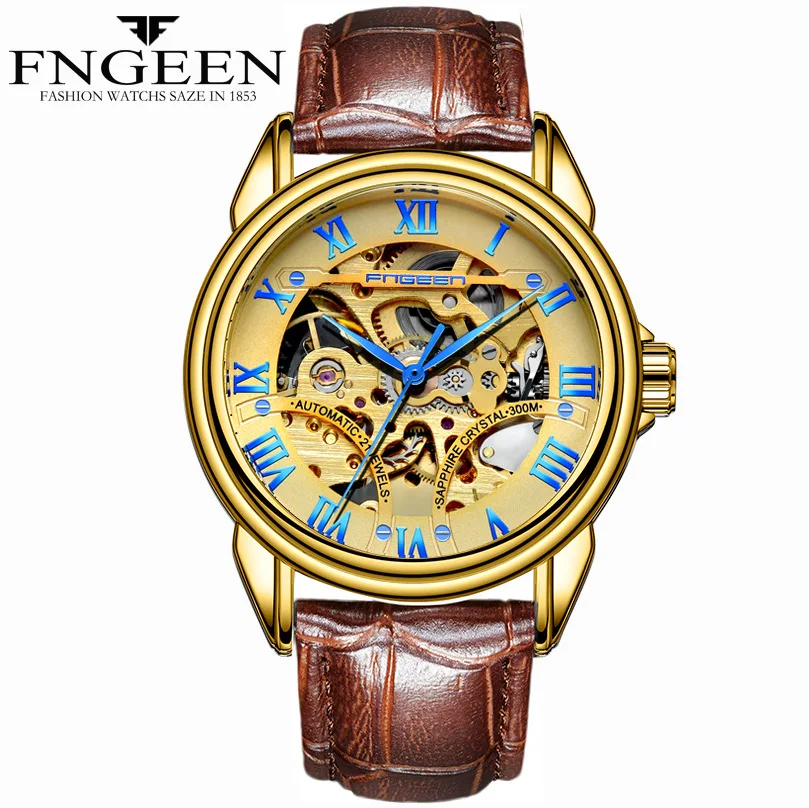 Fashion Hollow Automatic Mechanical Watch Waterproof Leather Belt Men's Gold Watch Business Pointer Couple Watches ZF9776