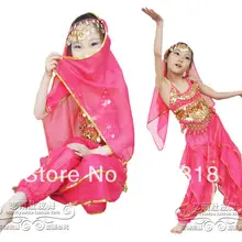 Скидка многоцветный Детский костюм для танца живота комплект(топ, брюки, вуаль, браслеты) индийские костюмы-сари сценическая одежда для девочек