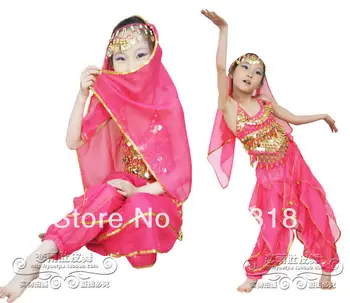 

Discount Multicolor Children Belly Dance Wear Set (Top, Trousers,Veil, Bracelets) Indian Sari Costumes Stage Clothing for Girls