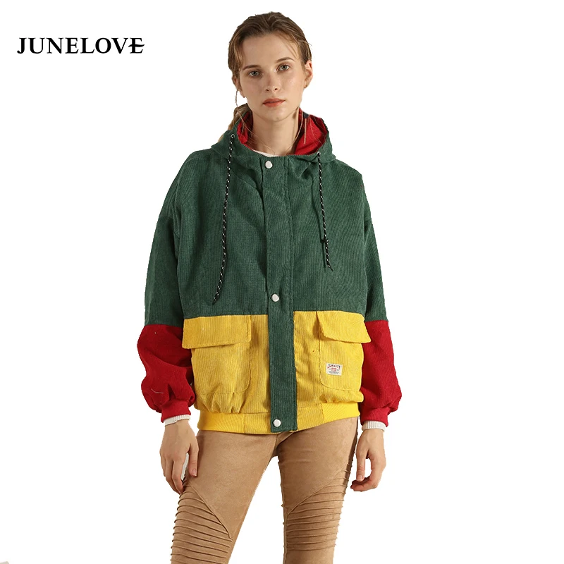 

JuneLove color block Women Long Sleeve Corduroy jacket Patchwork Winter Jacket jeans jacket women plus size