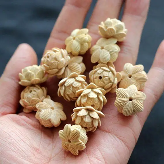 2pcs Natural Boxwood Carved Lotus Beads Prayer Loose Space Japa Mala Buddha Jewellery Findings DIY Accessories Large | Украшения и