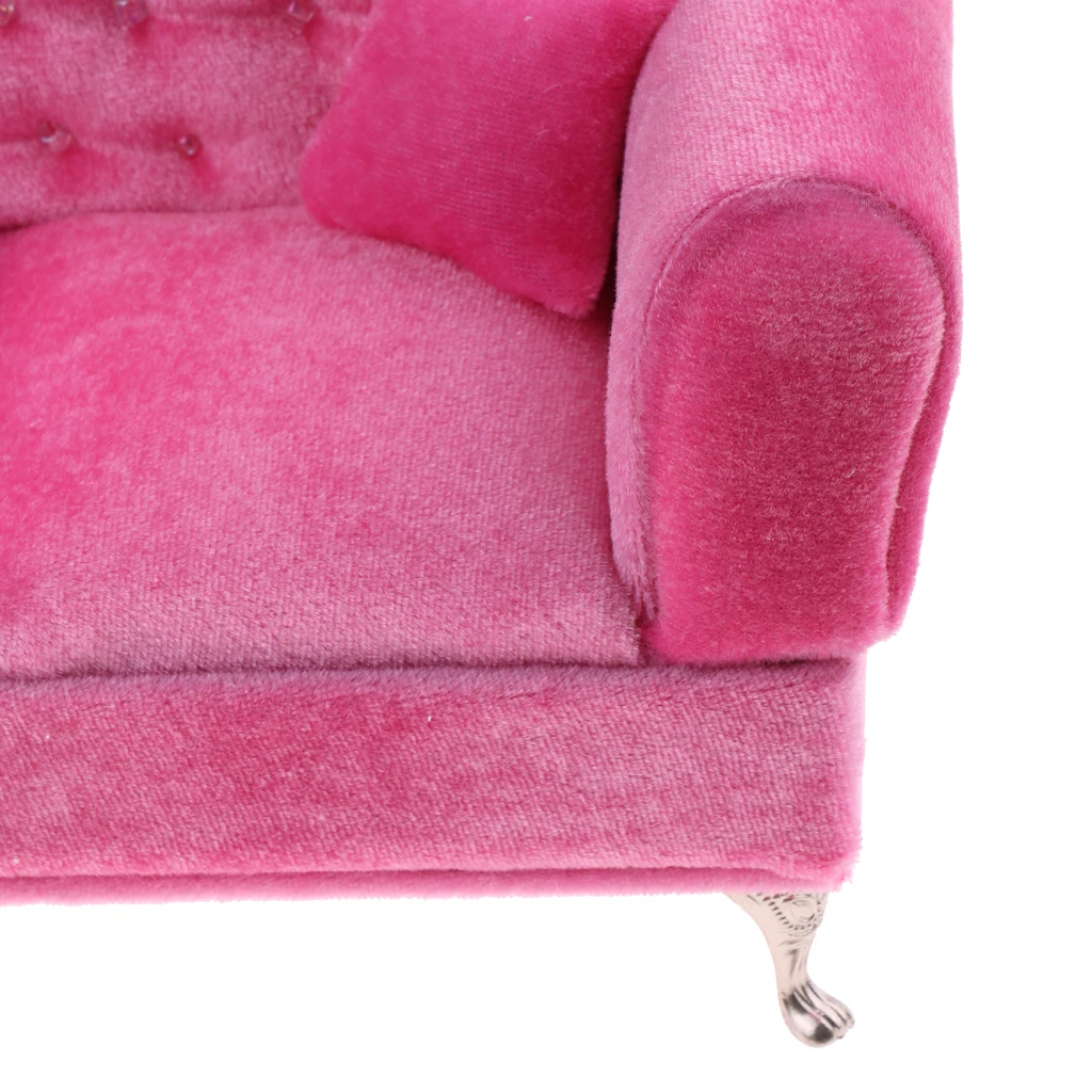 Dollhouse Pink Double Couch Long Sofa with Cushions Living Room Furniture Decor for 1/6 Scale Dolls Accessories Life Scenes