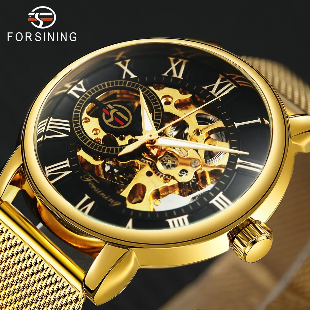 Prix FORSINING Robe Mode Hommes Montre Mécanique Bracelet En Maille Nombre Romain Cadran Squelette Top Marque De Luxe Conception Poignet Montres